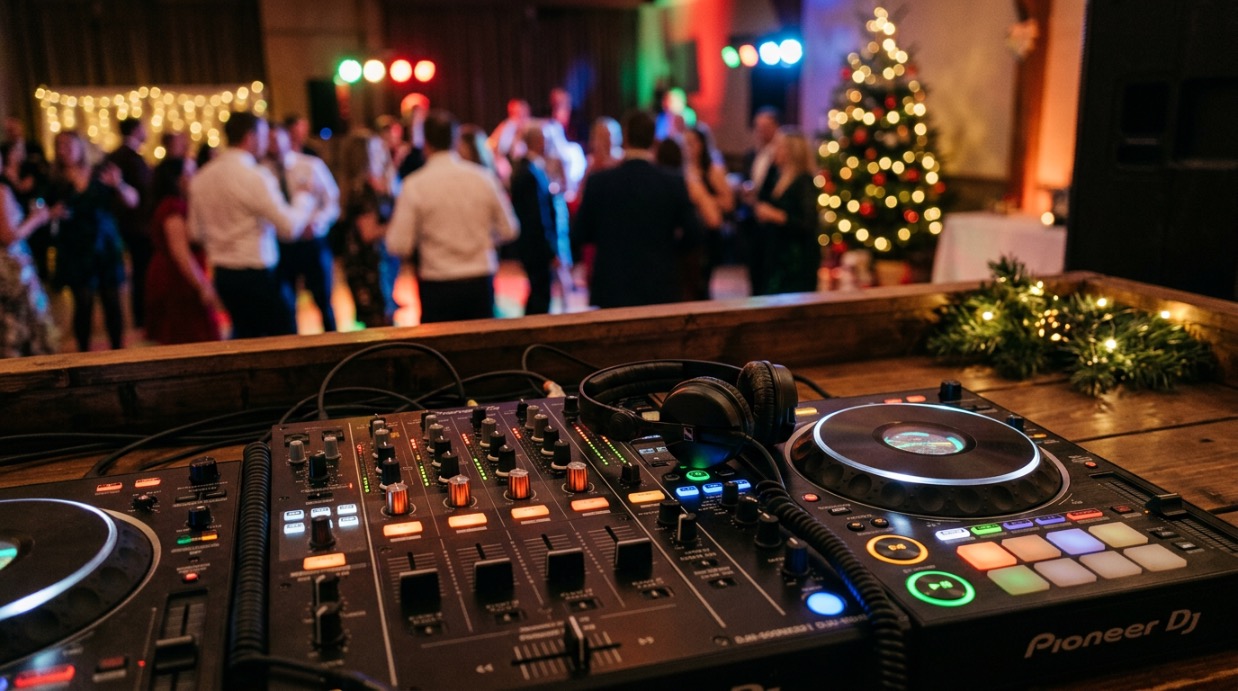 DJ pult a tanečný parket na firemnom vianočnom večierku
